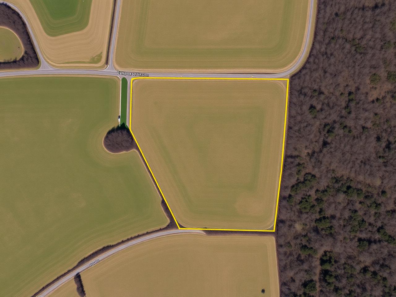 Aerial view of vacant land parcel with property boundary